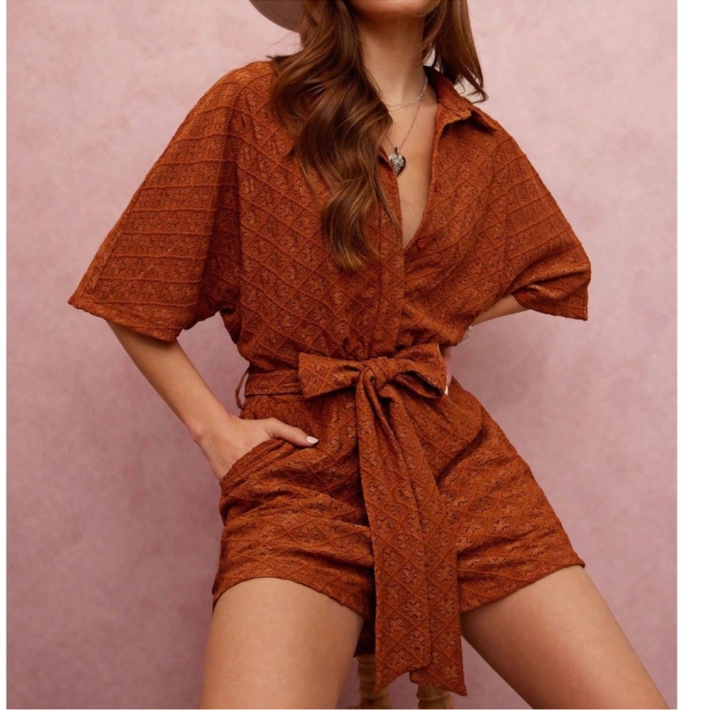 Boho Rust Batwing Sleeve Button Belted Romper XS S M L